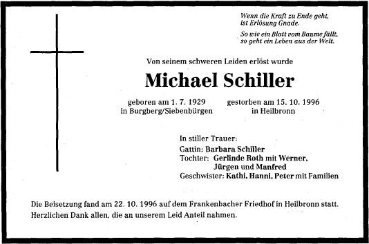 Schiller Michael 1929-1996 Todesanzeige